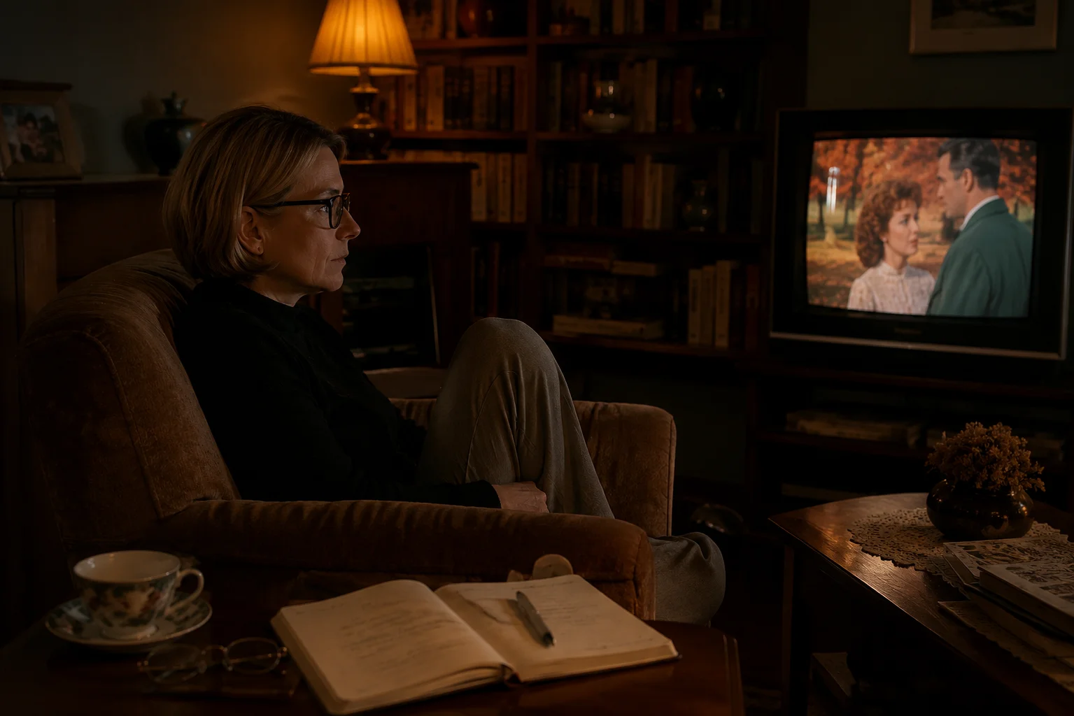 Esther sits completely absorbed before an old television while her open notebook and pen remain untouched.