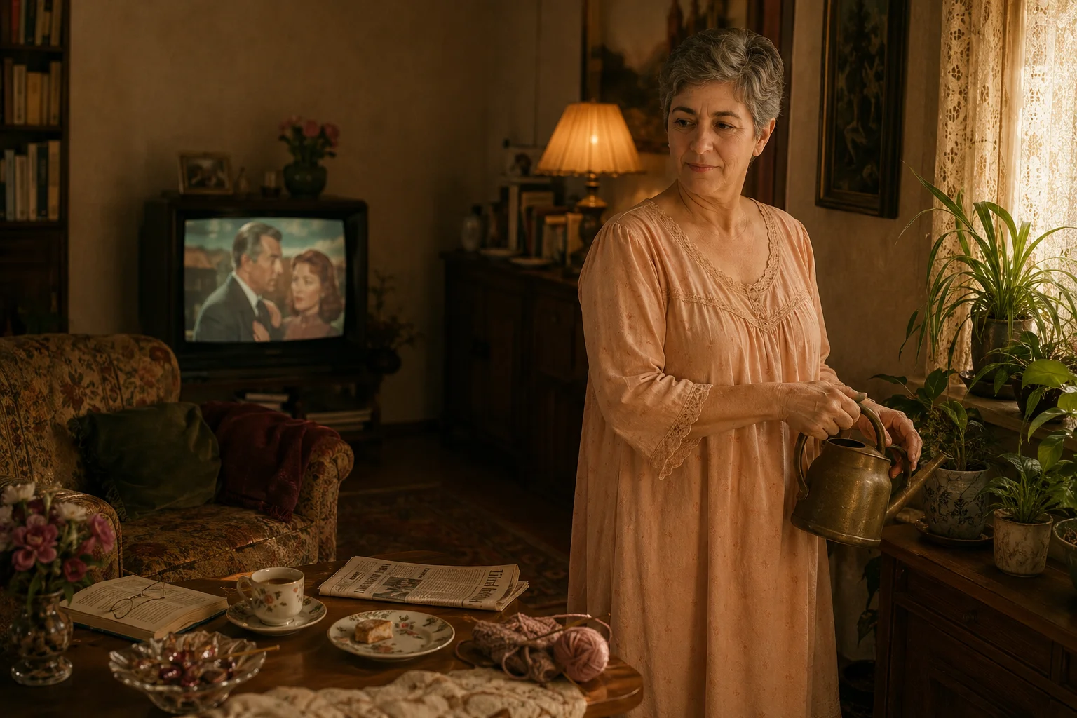 Gloria waters her houseplants while the film quietly plays in her warm living room.