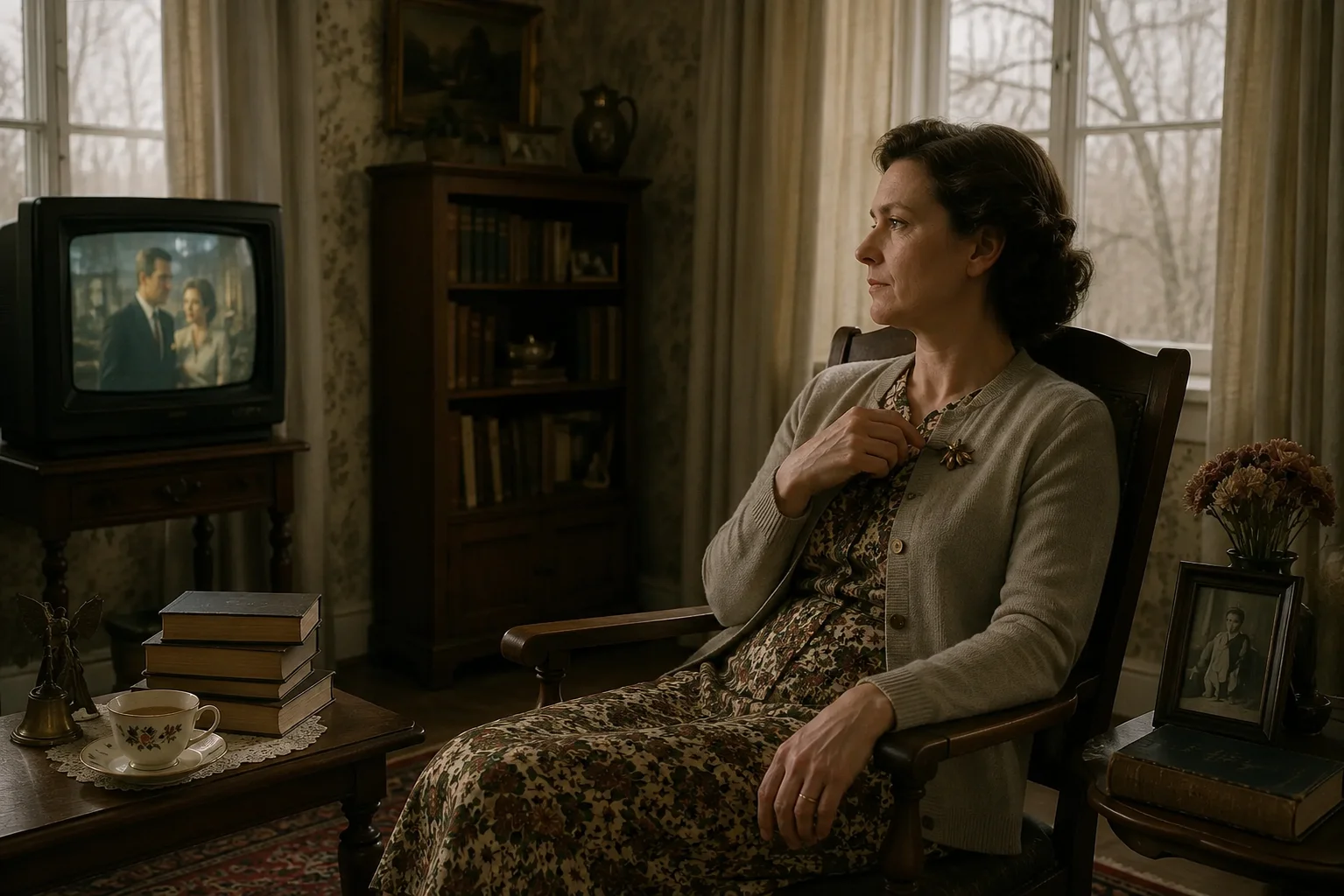 Ulrike sits in a high-backed chair in the parsonage, watching the television while touching her golden bee brooch.